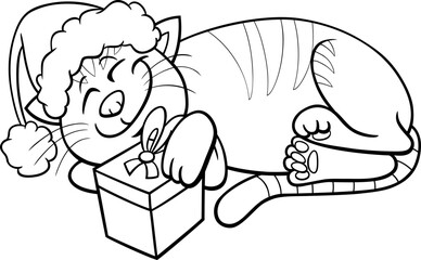 cartoon cat with gift on Christmas time coloring page