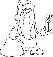 cartoon Santa Claus with sack and Christmas gift coloring page