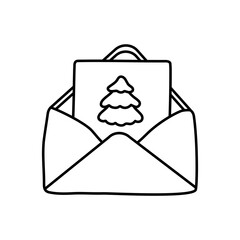 Single hand drawn New Year and Christmas gift card with fir tree in letter. Doodle for greeting cards, posters, stickers and seasonal design.
