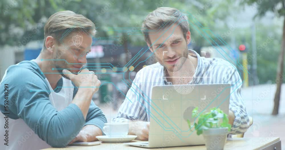 Poster animation of network of connections and fingerprint over caucasian men using laptop