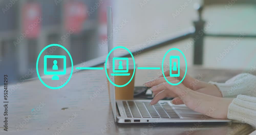 Poster animation of network of connections with icons over hands using laptop