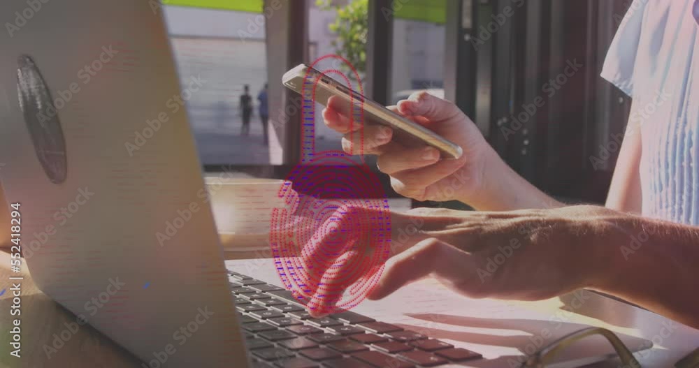 Poster animation of padlock icon and data processing over caucasian woman using laptop and smartphone