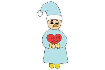The picture shows a heart in the hands of a snowman, in which I love you, it is intended for New Year's cards, printing, Valentine's Day, March 8...
