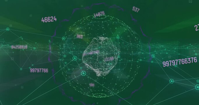 Animation Of Numbers, Globe And Connections In Green Digital Space