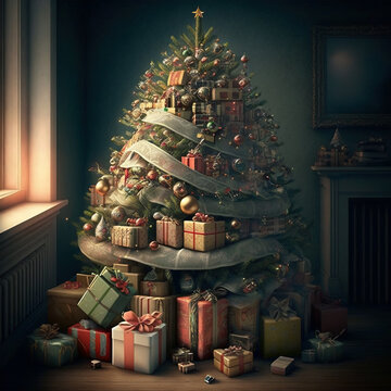 Hermoso árbol de navidad lleno de esferas y presentes en el piso, hecho con inteligencia artificial