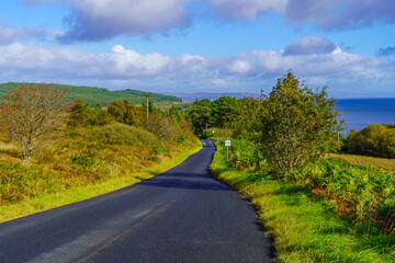 Fototapeta na wymiar Single lane road and landscape, in the Kintyre peninsula