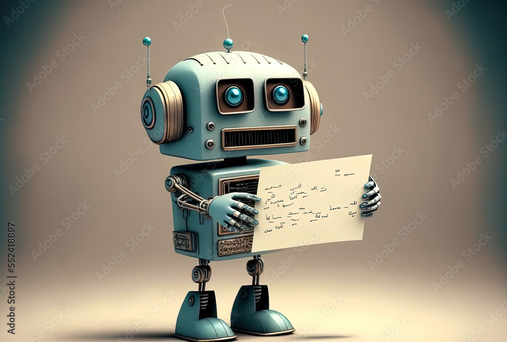 Aufkleber charming robot with artificial intelligence and a blank note. generative ai