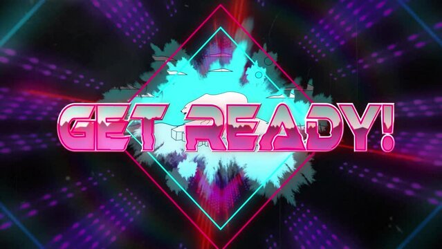 Animation of get ready text banner over polar bear icon against neon shapes in seamless pattern
