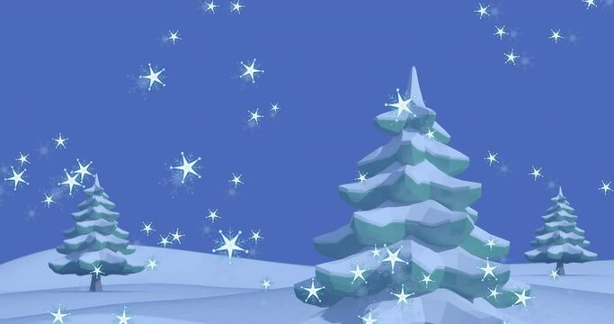 Animation of shining star icons falling over trees on winter landscape with copy space