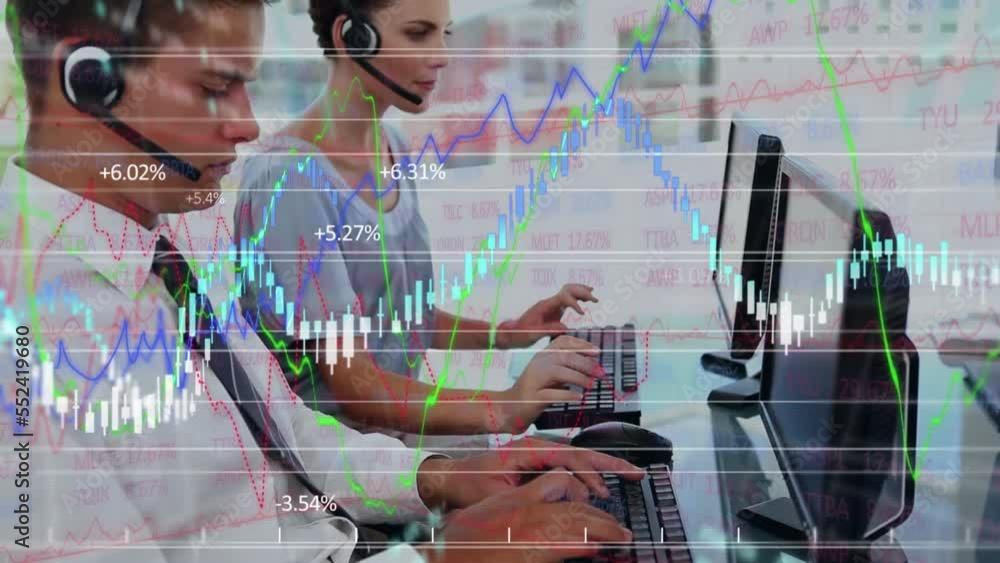 Poster animation of data processing over diverse business people in office