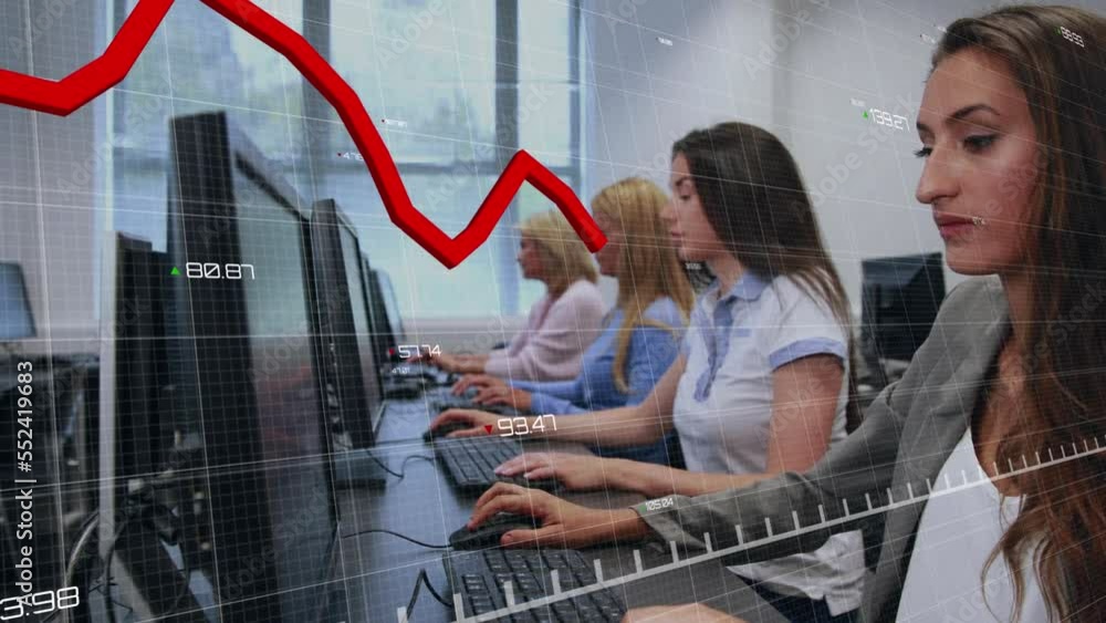 Poster animation of red line, statistics and computer data processing over businesswomen using computers