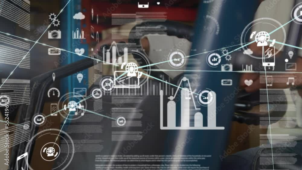 Poster animation of data processing and network of icons over male worker operating forklift at warehouse