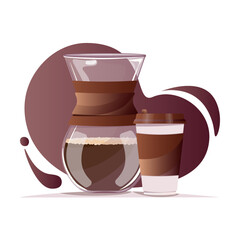 Glass coffee maker and paper cup. Coffee break, cafe or coffee shop, coffee takeaway illustration