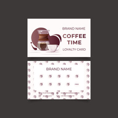 Customer program for cafe or coffee shop. Loyalty card. Layout with blank space for stamps, special offer to collect stamps, buy 9 get one drink free. Coffee maker and cup of coffee
