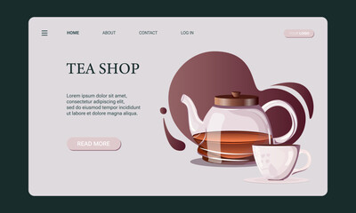 Tea shop web banner template, website, landing page and mobile app development. Glass tea pot with porcelain cup, saucer and black tea 