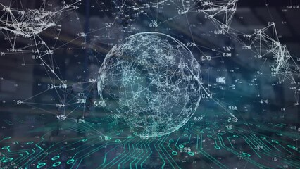 Animation of computer data processing and globe with connections and glowing light trails - Powered by Adobe