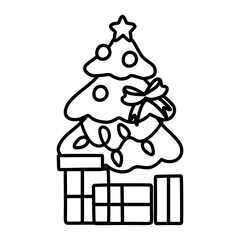 Christmas tree with a star, balloons and lights. A green fir or pine tree decorated with gift boxes, glowing garlands and a red ribbon.