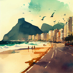 Landscape beach in Rio de Janeiro, art illustration