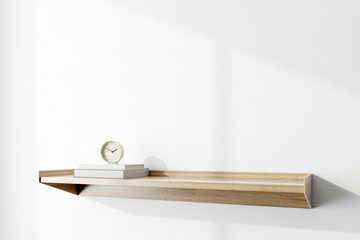 Interior wall mockup in minimalist style with light biege wooden console, empty warm white background, close up view, 3D render, 3D illustration	