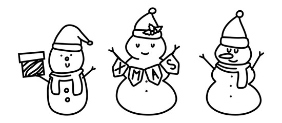 Doodle winter illustration of a snowman with a carrot and a Santa hat. Design greeting cards, posters, gift wrapping.