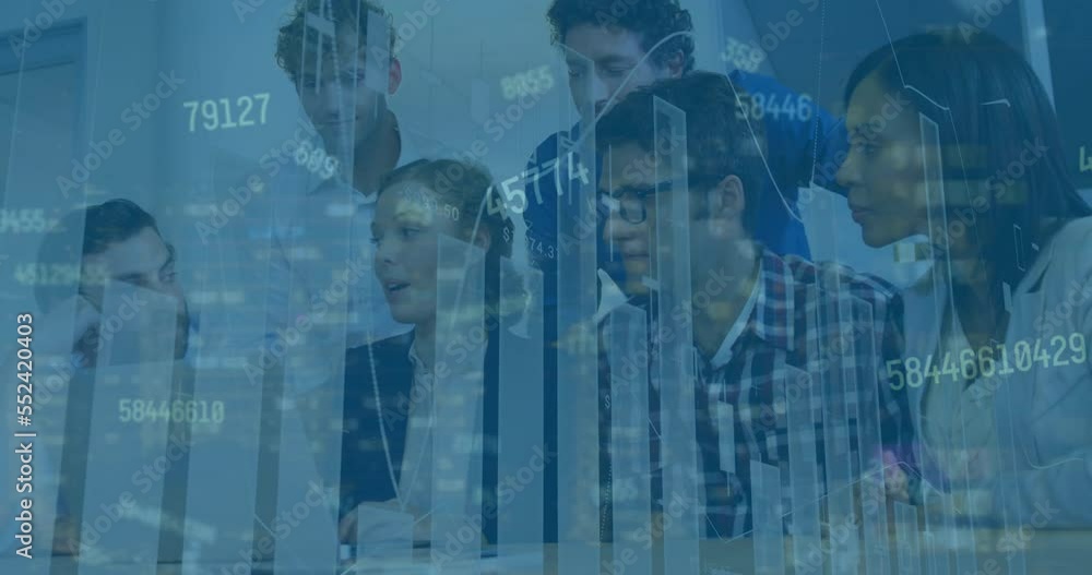 Poster animation of statistics and data processing over diverse business people