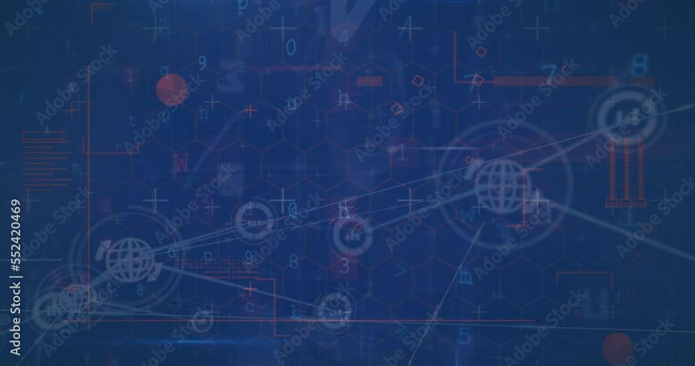 Poster animation of cyber attack warning text, connections and data processing