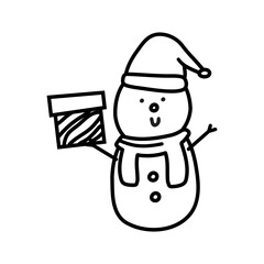 Doodle winter illustration of a snowman with a carrot and a Santa hat. Design greeting cards, posters, gift wrapping.
