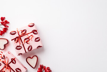 Saint Valentine's Day concept. Top view photo of present boxes in wrapping paper with kiss lips pattern and heart shaped candles on isolated white background with copyspace