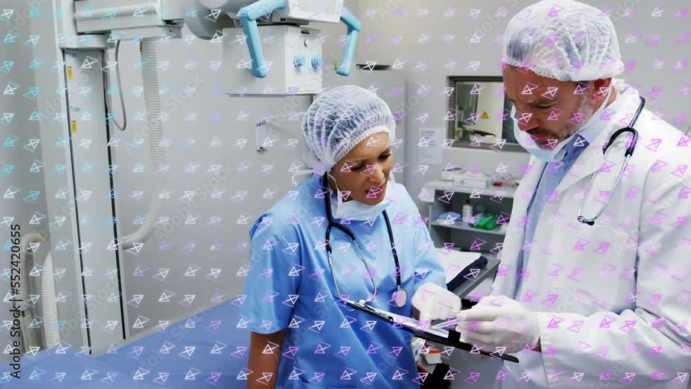 Poster animation of rows of pattern over diverse surgeons discussing