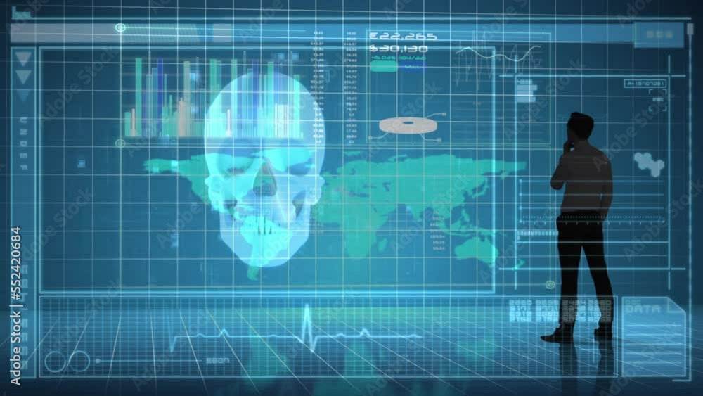 Poster Animation of human skull spinning and data processing over world map and businessman