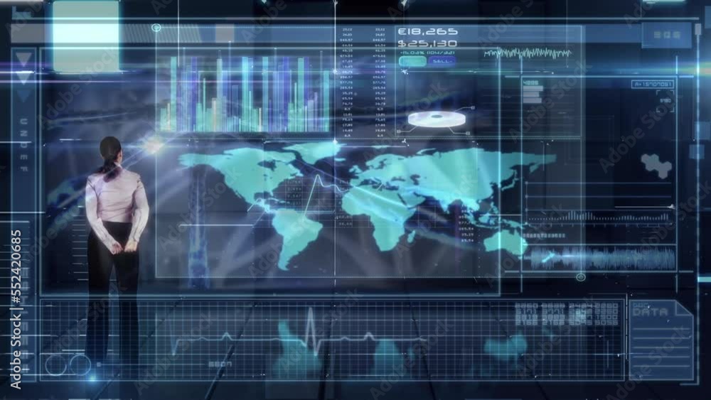 Poster animation of rear view of businesswoman using futuristic technology, map graph and loading bars