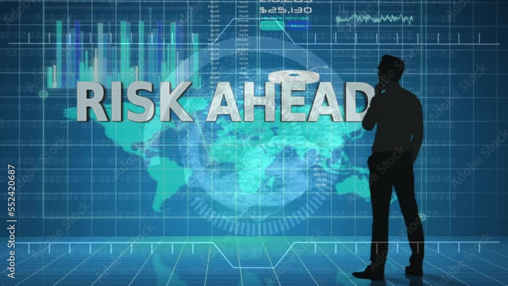 Poster animation of thoughtful businessman over risk head text over circle, globe and graph against map