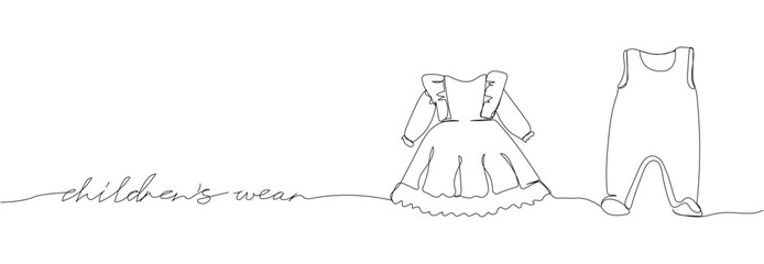 Baby rompers, children clothing, dress one line art with an inscription. Continuous line drawing of clothes, dress, children, wardrobe, dress up, neat, comfortable, home, baby.