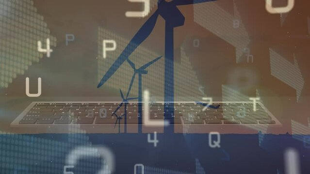 Animation of numbers, alphabets arrows, low angle view of windmills over silhouette of flying plane