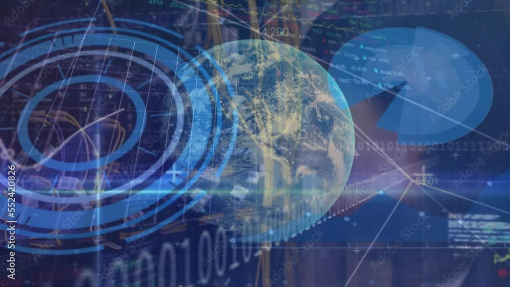 Poster animation of loading circles, trading board, binary codes, computer language over globe