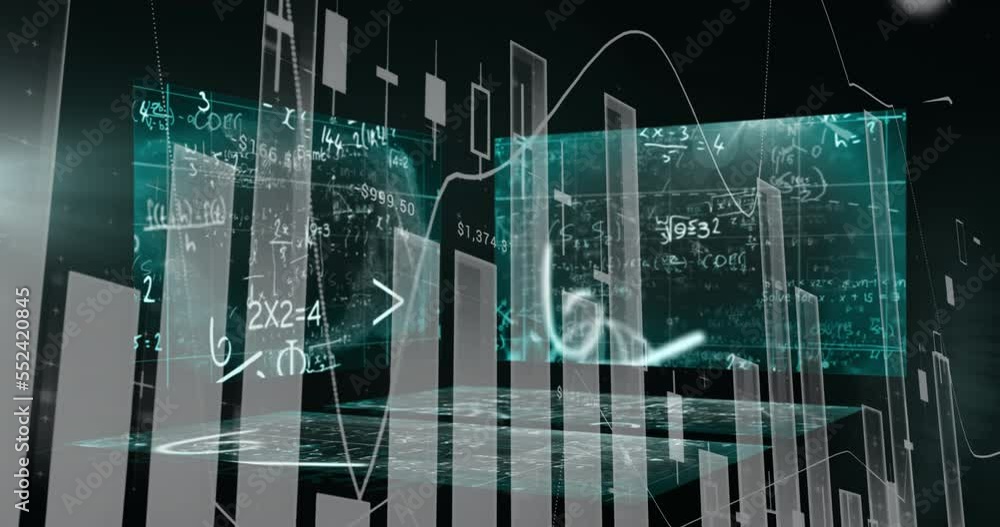 Poster animation of multiple graphs and increasing numbers over mathematical equations
