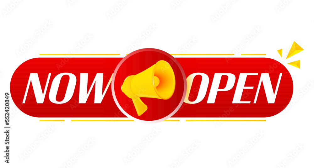 Poster Megaphone with now open on white background. Megaphone banner. Web design. Vector