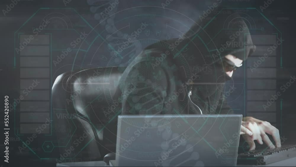 Poster animation of data processing over caucasian male hacker in server room