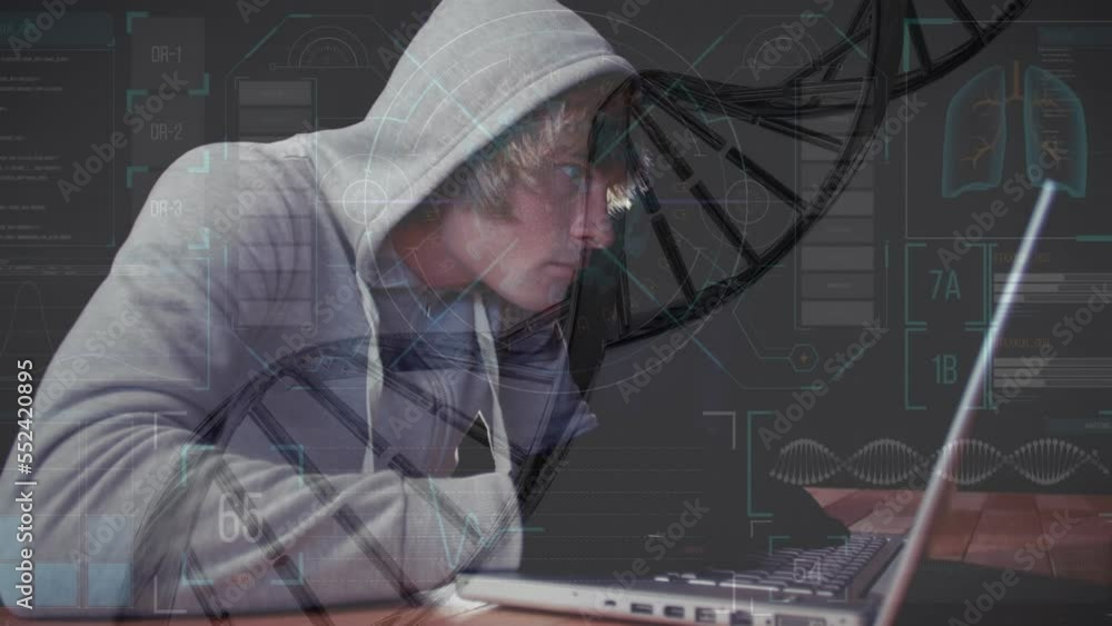 Poster animation of data processing and dna strand over caucasian male hacker using laptop