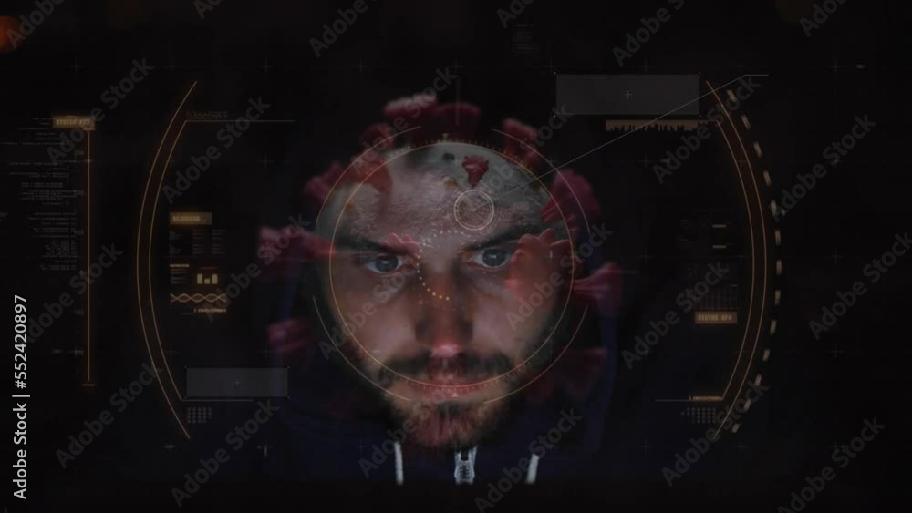 Poster animation of data processing and virus cell over caucasian male hacker