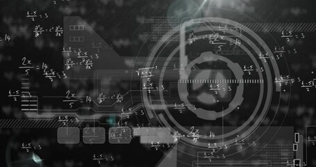 Animation of arc reactor, abstract pattern and lens flare over mathematical equations - Powered by Adobe