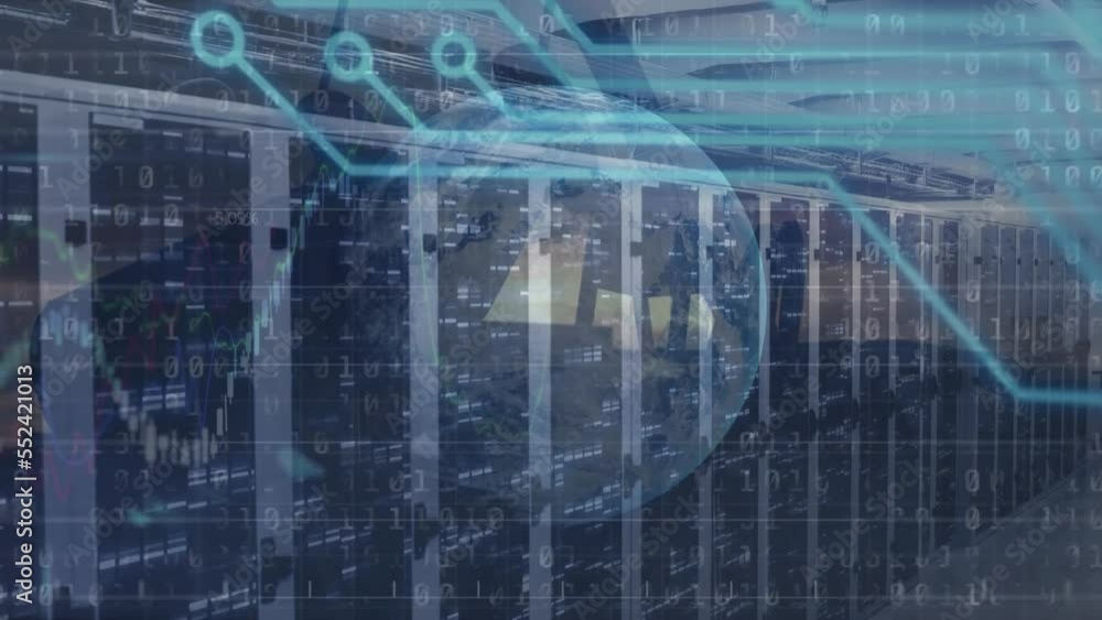 Poster animation of graphs, binary codes, falling bars and globe over server room and machinery