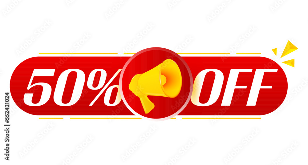 Poster megaphone with 50 percent off on white background. megaphone banner. web design. vector