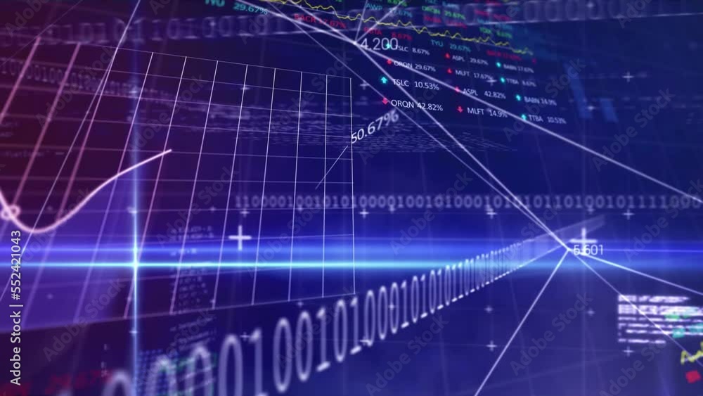 Poster animation of graphs, numbers, binary codes, lens flares, programming language and trading board