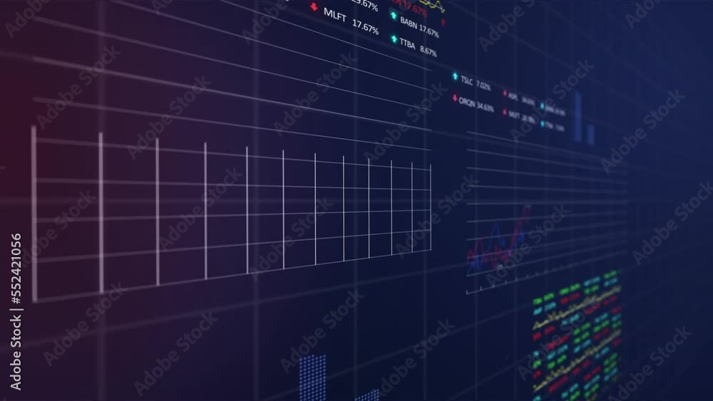 Poster animation of trading board and graphs with increasing numbers over abstract background
