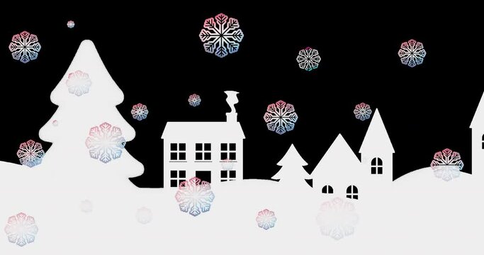Animation of snowflakes over trees, houses and mountain against black background