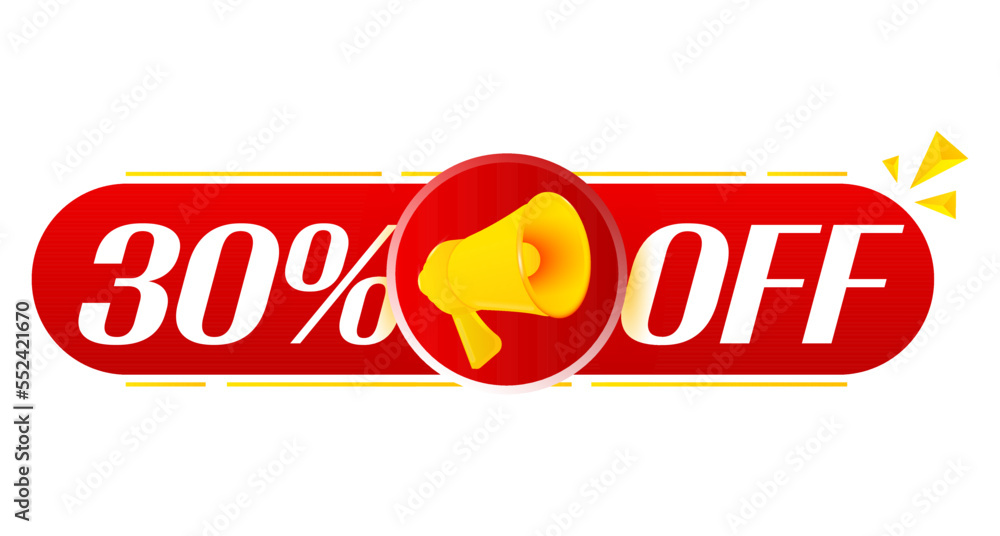 Poster megaphone with 30 percent off on white background. megaphone banner. web design. vector