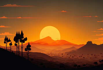 Hills silhouetted against a hazy sky as a stunning sunset takes place. Generative AI