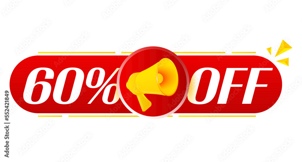 Aufkleber Megaphone with 60 percent off on white background. Megaphone banner. Web design. Vector