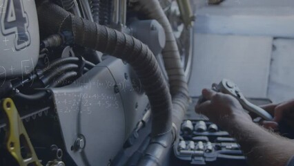 Animation of mathematical equations over caucasian male mechanic in workshop - Powered by Adobe